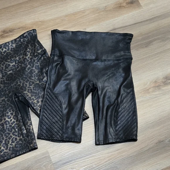 Spanx 2 Pair Black and Leopard Faux Leather Biker Shorts - Picture 3 of 15
